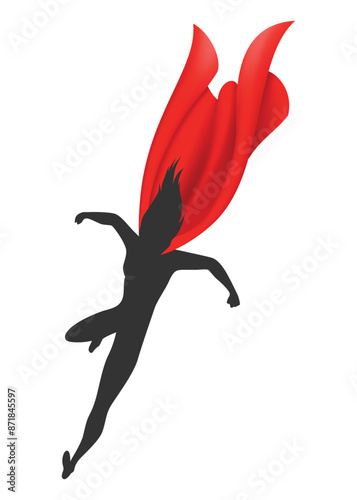 Woman superhero silhouette with scarlet fabric silk cloak. Mantle costume or cover cartoon vector illustration