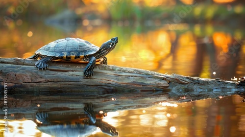 Arrau turtle basking on log with head outside shell sunlight reflecting in river photo