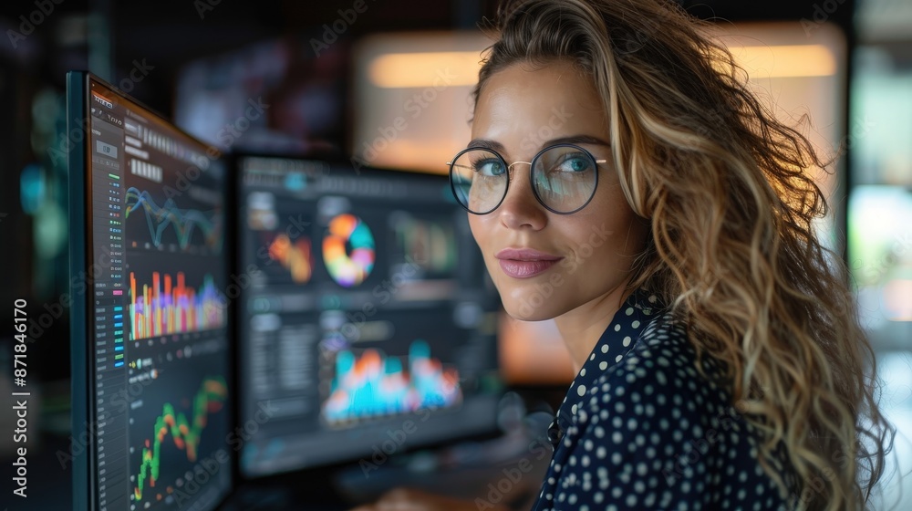 A confident businesswoman with glasses analyzing data on multiple computer screens in a modern office environment. A confident businesswoman with glasses analyzing data on multiple computer screens in a modern office environment.