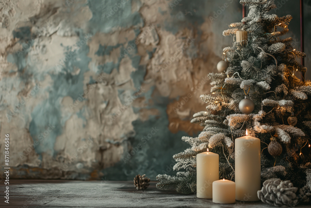 Fototapeta premium Christmas tree vibe, with natural light, in the style rustic stone surface