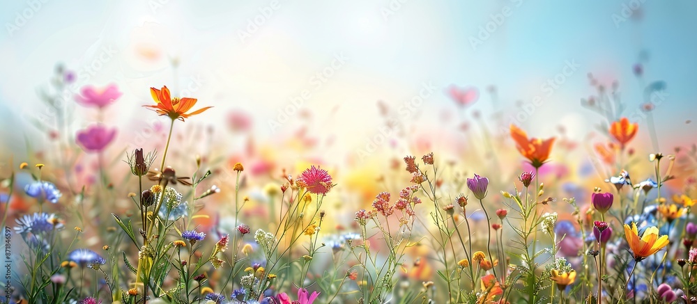 Blurred floral meadow under a clear summer sky, creating a hazy backdrop for copy space image. Blurred floral meadow under a clear summer sky, creating a hazy backdrop for copy space image.