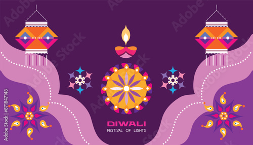 Traditional Indian festival Diwali. Happy Festival of lights Deepavali Template  banner, poster, greeting card Festive Burning diya graphic design background Vector abstract flat illustration