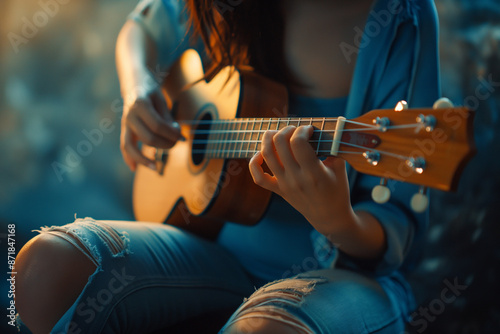 Woman playing ukulele guitar while sitting on a chair photo