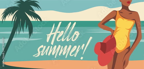 Vector summer illustration, tourism, vacation, banner, beautiful girl with a toned body on the background of the ocean beach, Hello Summer postcard for social media, website