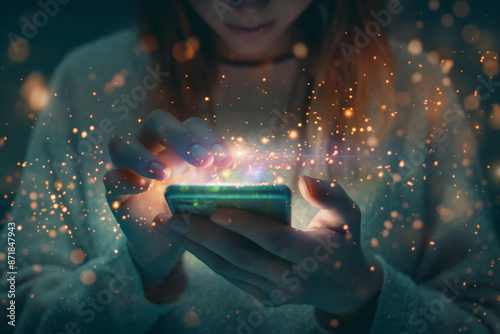 Young woman hands using smart phone,Social media concep, media icons