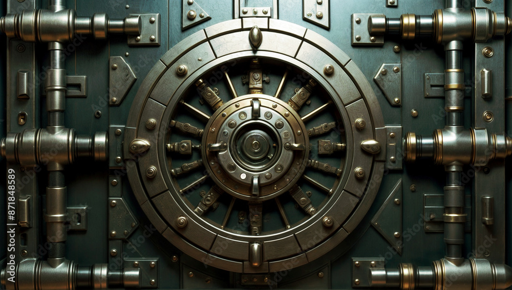 Metallic safe door, representing security and protection. A solid steel vault for banking and storage, highlighting the importance of safety and trust. A vintage design sophisticated background . Metallic safe door, representing security and protection. A solid steel vault for banking and storage, highlighting the importance of safety and trust. A vintage design sophisticated background .
