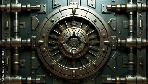 Metallic safe door, representing security and protection. A solid steel vault for banking and storage, highlighting the importance of safety and trust. A vintage design sophisticated background .