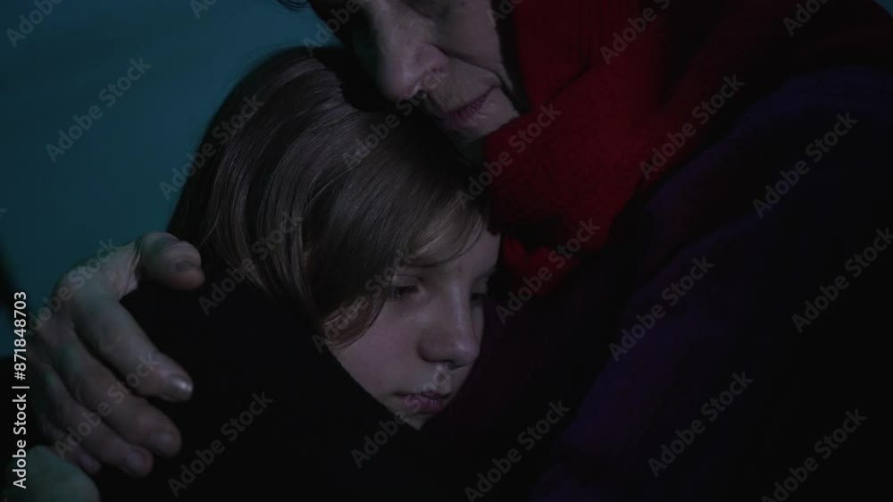 Grandmother hugs a little girl in a bomb shelter Grandmother hugs a little girl in a bomb shelter