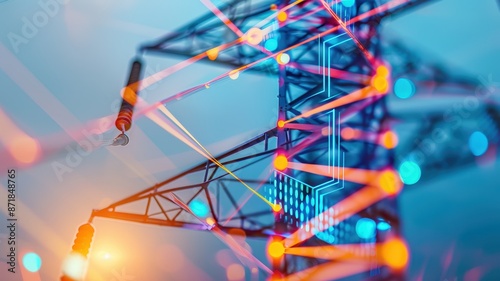A futuristic depiction of power grid infrastructure enhanced with digital connectivity, highlighting the integration of technology in energy distribution.