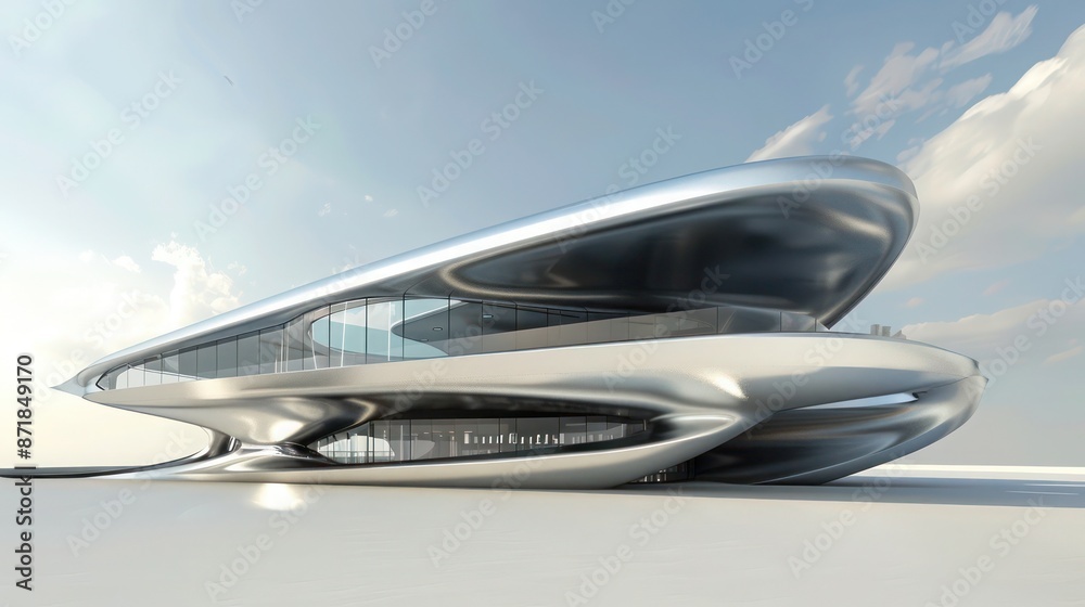 Obraz premium minimalist design of a futuristic public library, its sculptural form clad entirely in high-gloss aluminum siding to reflect its innovative purpose