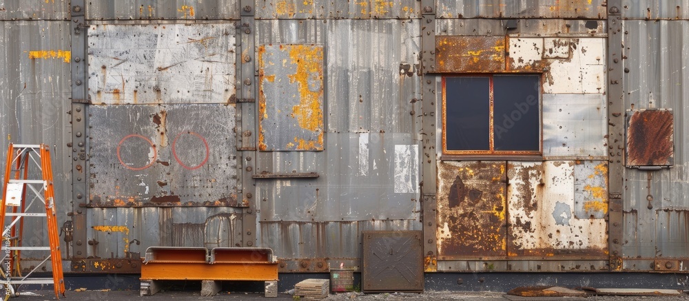 Construction site with metal walls, small windows, and blank signs offers a scene ready for development with space for text or images. image with copy space Construction site with metal walls, small windows, and blank signs offers a scene ready for development with space for text or images. image with copy space