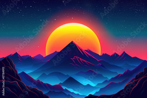 Surreal Sunset Over Mountain Range, Vibrant Colors and Starry Sky, Fantasy Landscape Illustration, Dreamlike Nature Scene 