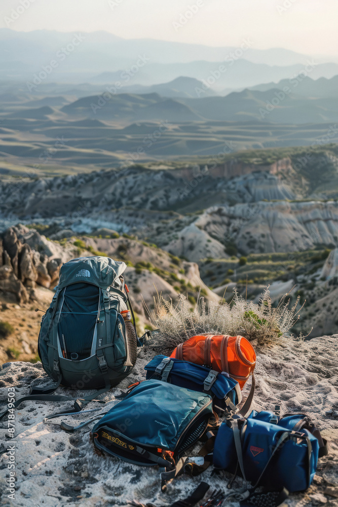 Touristic backpack of hiker on mountaintop Touristic backpack of hiker on mountaintop