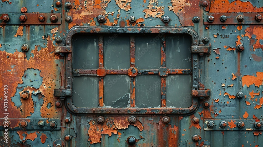 Naklejka premium Rusty metal with flaky paint, evoking abandoned urban settings and industrial decay. , Minimalism,