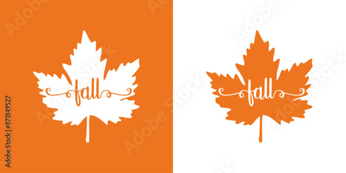 Logo con texto manuscrito fall con línea de decoración de caligrafía sobre silueta de hoja de arce para felicitaciones y tarjetas
