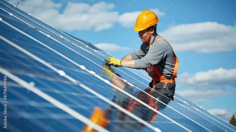 Technician repairing solar panels on the roof Technician repairing solar panels on the roof