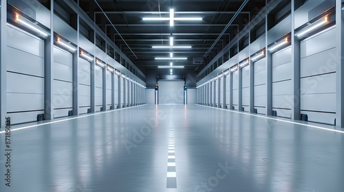 Wallpaper Mural Modern, empty warehouse interior with industrial lighting and polished concrete floor, showing rows of storage units under a high ceiling. Torontodigital.ca