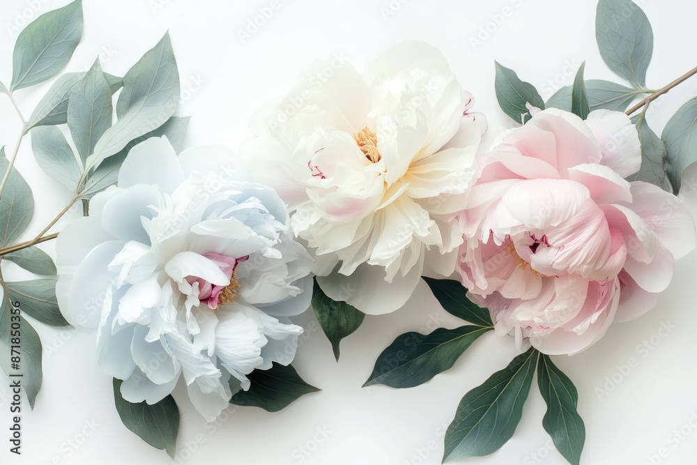 Fototapeta premium Three flowers pastel vintage light blue, pink and white peonies with green leaves on white background for textile and advertising purposes. AI generative floral background.