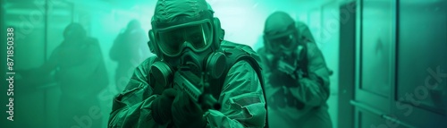 Special forces team in tactical gear and gas masks moves through green-lit corridor. Concept of military operation or hazardous environment. photo