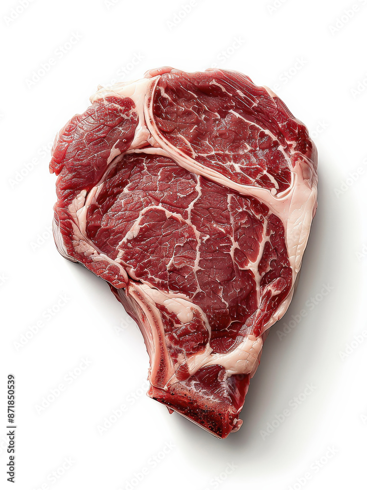 Raw ribeye steak on white background, showcasing marbling and texture. Perfect for grilling, barbecue, or gourmet cooking. Raw ribeye steak on white background, showcasing marbling and texture. Perfect for grilling, barbecue, or gourmet cooking.