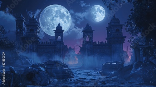 A 3D model of a moonlit palace on a dark planet, with ghostly spirits dancing under twin moons © Amer