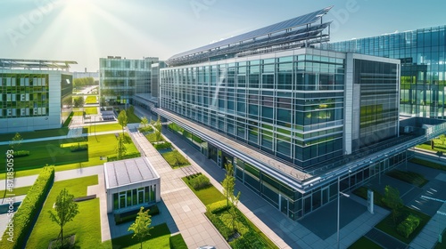 A large 10-story building located in a green urban area. modern architecture