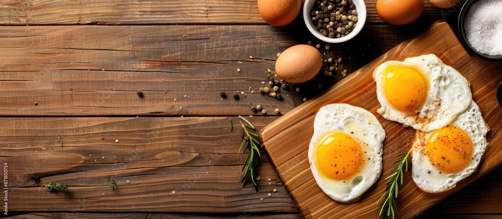 Copy space image with ingredients for making Pan fried eggs and a pan American breakfast menu on a cutting board in a top view flat lay shot. Copy space image with ingredients for making Pan fried eggs and a pan American breakfast menu on a cutting board in a top view flat lay shot.