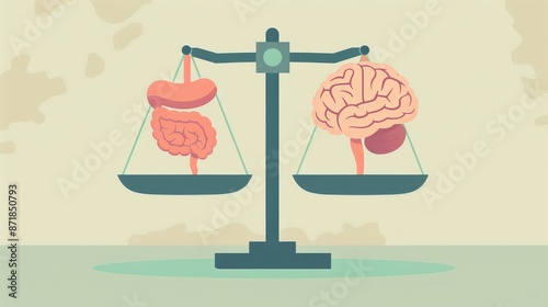 Gut-brain axis and microbiome concept. Cartoon style image of the gut and brain balanced on a scale, symbolizing the healthy relationship between them. photo