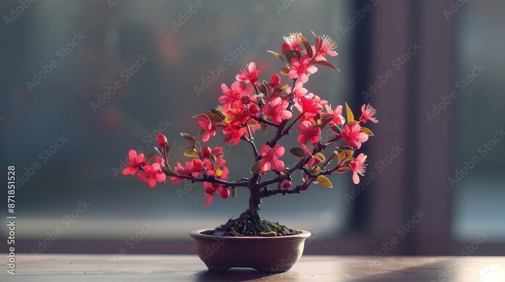 Beautiful blooming bonsai tree with pink flowers in a small pot, enhancing the interior decor with natural beauty and serenity. Beautiful blooming bonsai tree with pink flowers in a small pot, enhancing the interior decor with natural beauty and serenity.