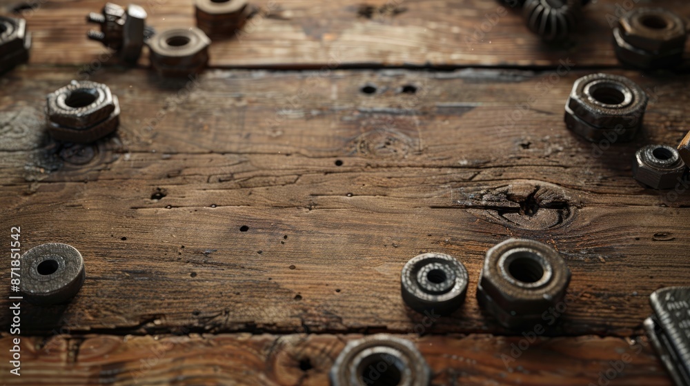 Wooden table with bolts and nuts for commercial use blank space available