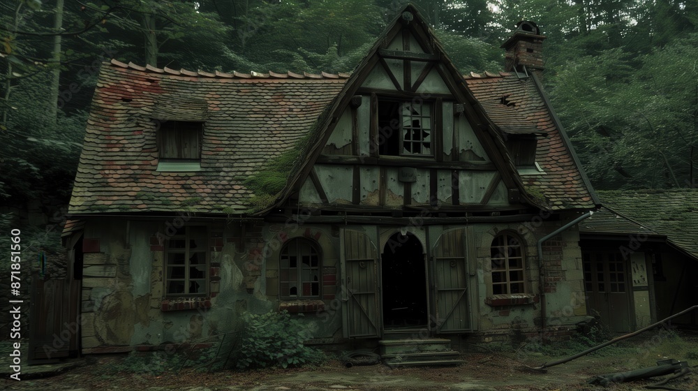 An eerie abandoned house in the forest with a rustic, antique design, covered in moss and surrounded by tall trees. An eerie abandoned house in the forest with a rustic, antique design, covered in moss and surrounded by tall trees.