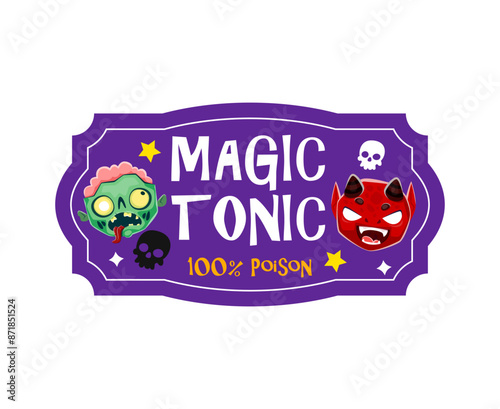 Halloween holiday potion label with monsters faces. Halloween celebration drink or beverage sticker, October horror party brewery label or vector tag with zombie and hell devil funny characters faces