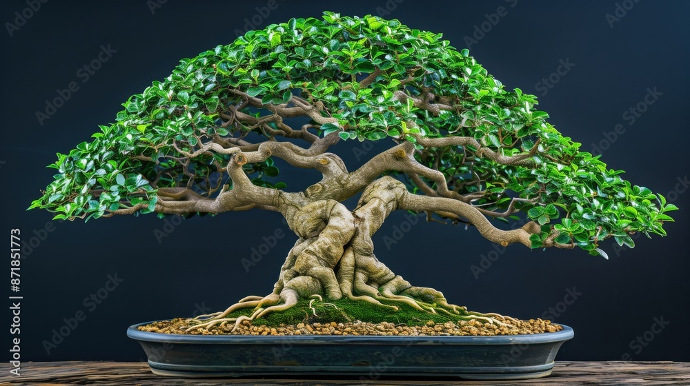 Beautifully styled bonsai tree with lush green leaves and intricate twisted branches, set in a decorative pot against a dark background. Beautifully styled bonsai tree with lush green leaves and intricate twisted branches, set in a decorative pot against a dark background.