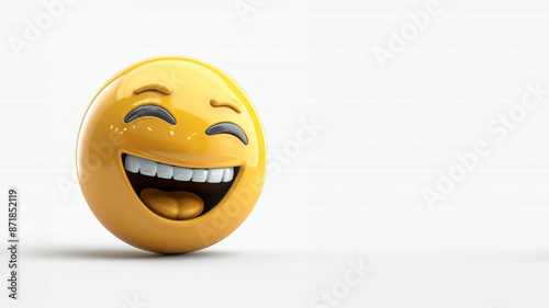 A 3D rendered image of a laughing emoji face with eyes closed. Bright yellow color, showcasing happiness and joy against a white background.