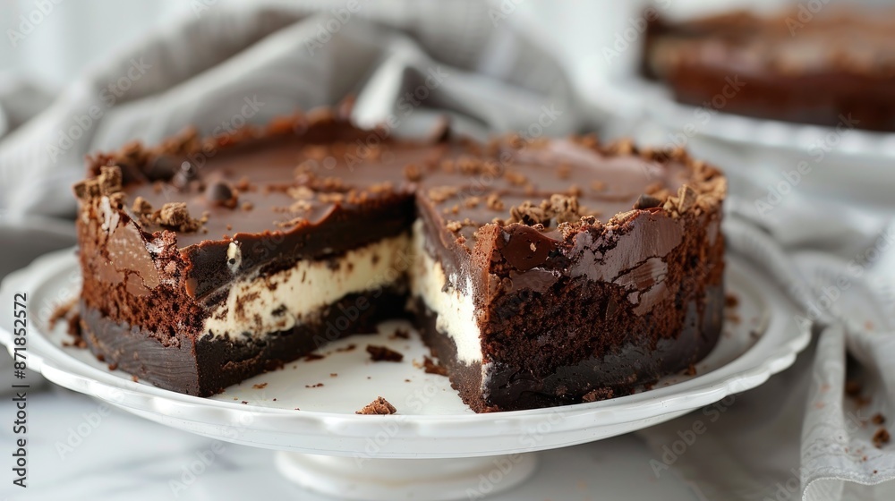 Vanilla filled chocolate brownie cake on a porcelain dish Vanilla filled chocolate brownie cake on a porcelain dish