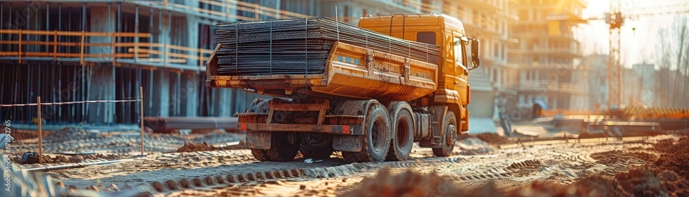 A dump truck at a construction site during sunrise with building materials and equipment in the background. A dump truck at a construction site during sunrise with building materials and equipment in the background.