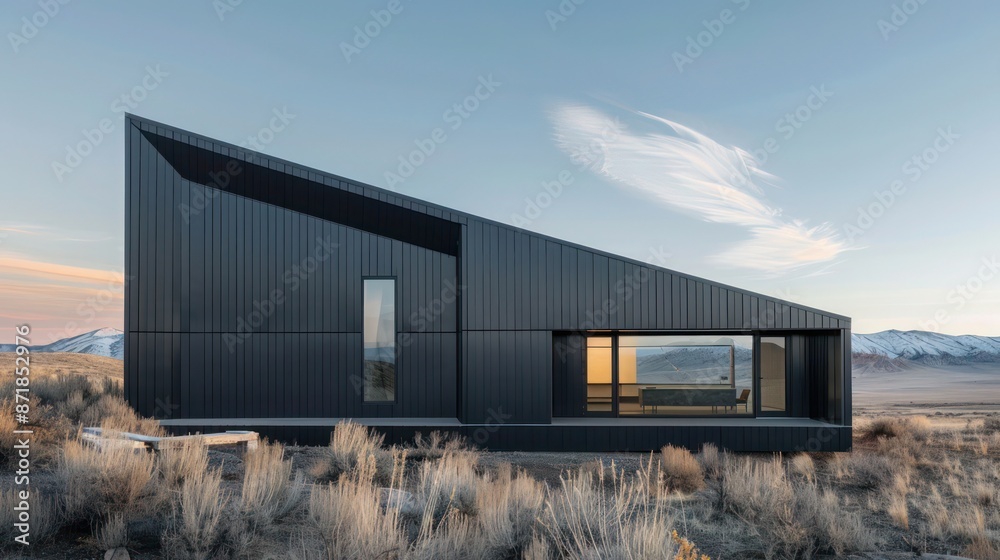 Obraz premium minimalist design of a remote artist's studio, its sharp, angular lines made from matte black aluminum siding