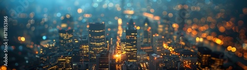 Stunning aerial view of a vibrant cityscape at night, showcasing illuminated skyscrapers and beautiful bokeh lights.
