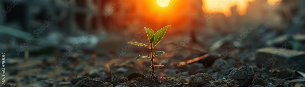 A single green plant thriving in the rubble of a destroyed urban area, illuminated by the warm glow of sunrise.