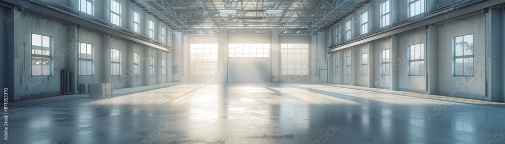 Empty industrial warehouse with high ceilings, large windows, and sunlight streaming in, creating a bright and spacious environment. Empty industrial warehouse with high ceilings, large windows, and sunlight streaming in, creating a bright and spacious environment.