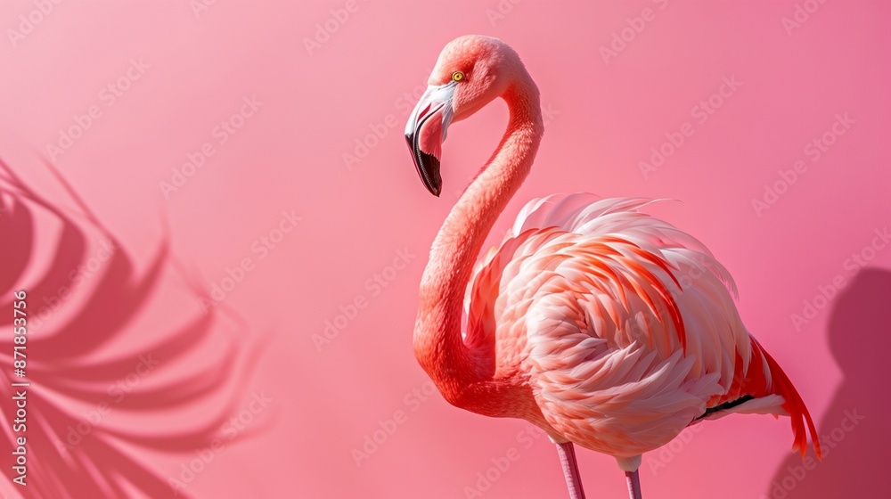 Obraz premium a flamingo standing in front of a pink background with a shadow of a palm leaf on it