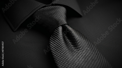 A dark gray tie, placed against a black background for a sharp, elegant contrast.