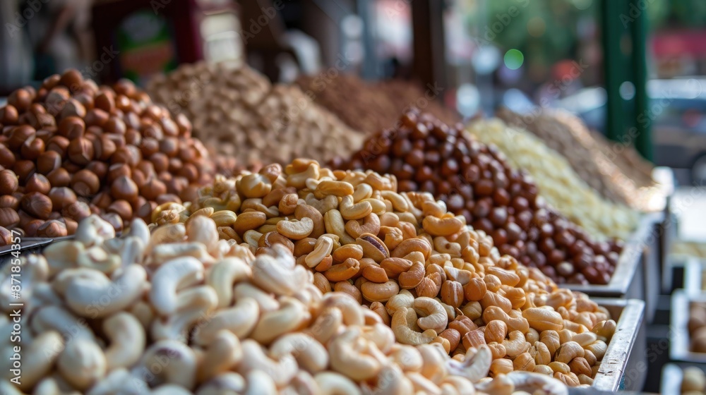 Cashews and hazelnuts displayed at a market stall with room for text Cashews and hazelnuts displayed at a market stall with room for text