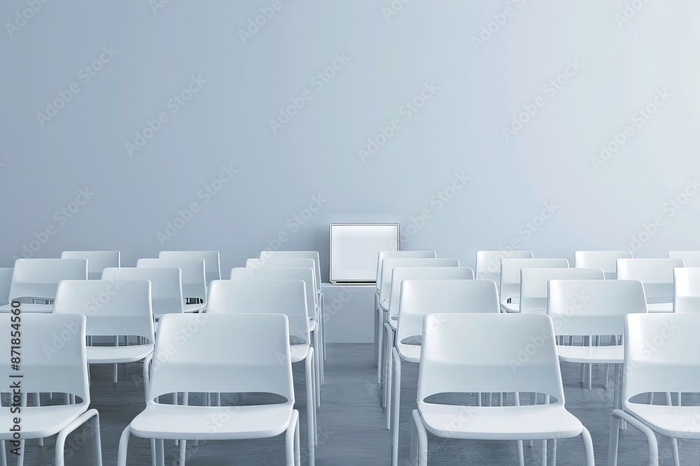 Fototapeta premium Modern, minimalistic conference room with empty white chairs arranged in rows facing a white podium, set against a clean, bright backdrop.