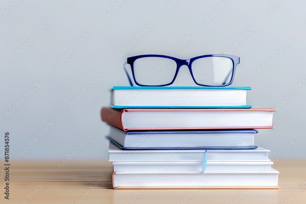 Stack of books with eyeglasses on top, placed on a wooden table against a light grey background. Stack of books with eyeglasses on top, placed on a wooden table against a light grey background.