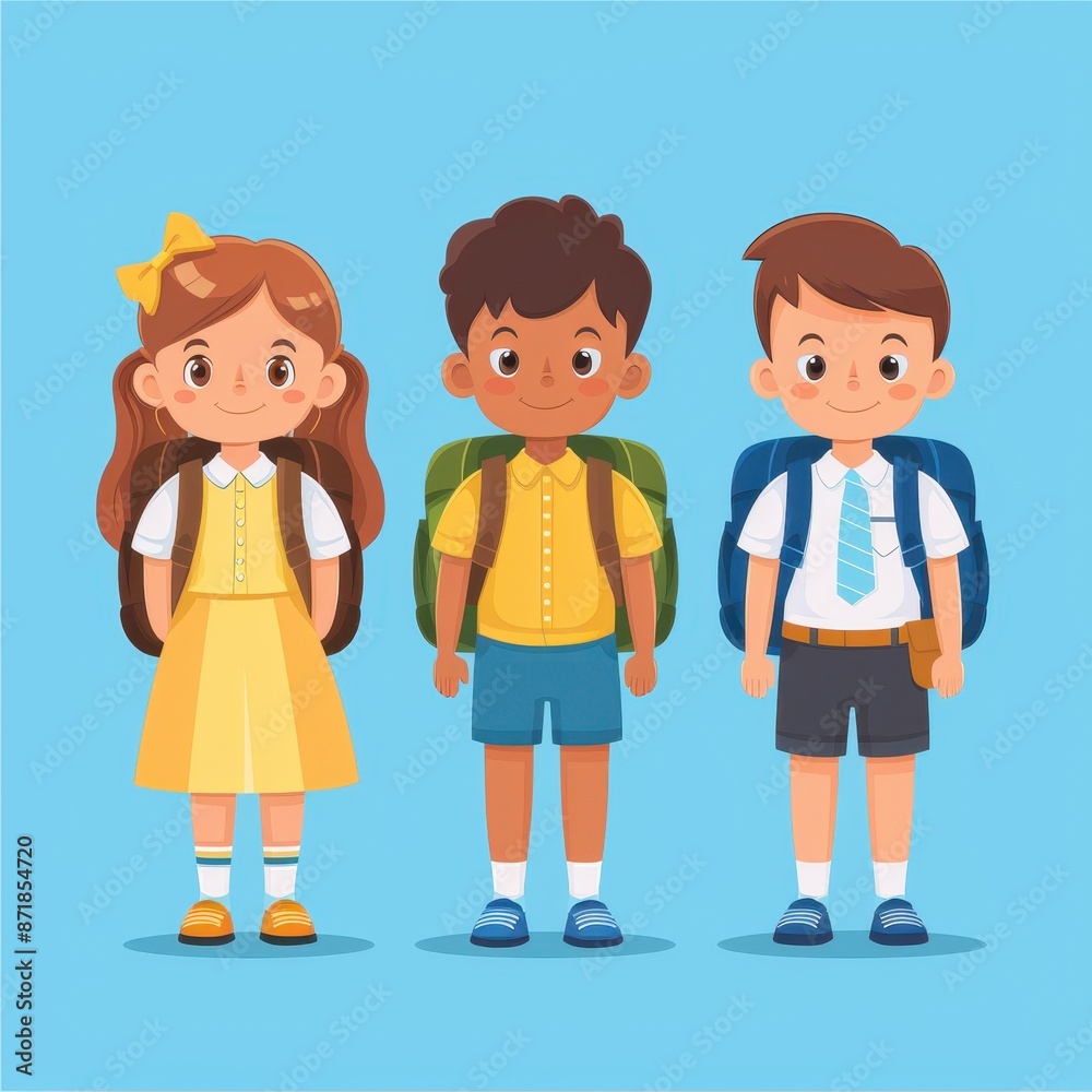 Three children are standing in a row, each wearing a backpack Three children are standing in a row, each wearing a backpack