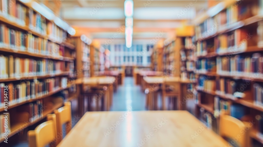 Blurred college library interior with bookshelves for educational concepts Blurred college library interior with bookshelves for educational concepts