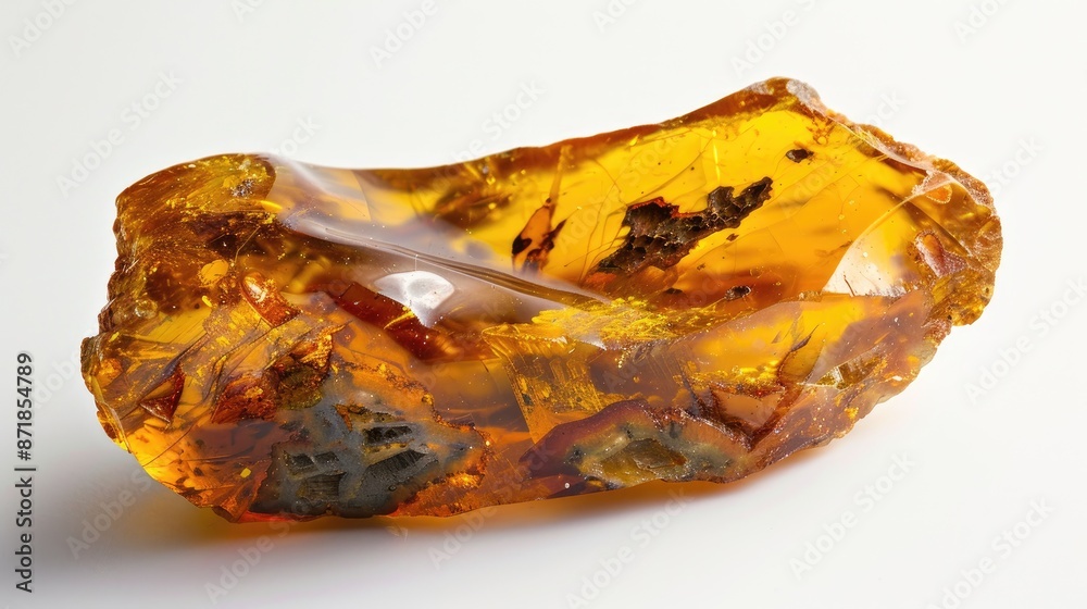 Yellow amber with inclusions on a white background Bark encased in resin Ancient fossilized resin mineral Vintage material resembling sunstone