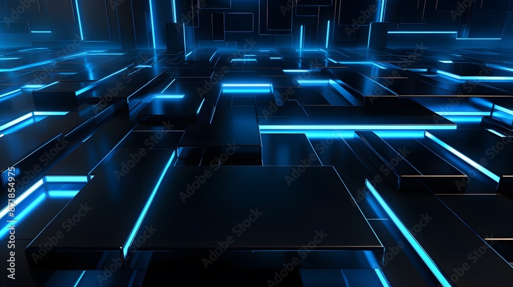 Obraz premium 3d rendering of blue and black abstract geometric background. Scene for advertising, technology, showcase, banner, game, sport, cosmetic, business, metaverse. Sci-Fi Illustration. Product display