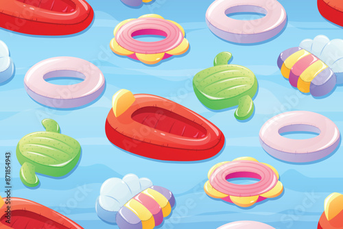 Funny children's air mattresses and circles for swimming in the sea, vector seamless cartoon pattern.
